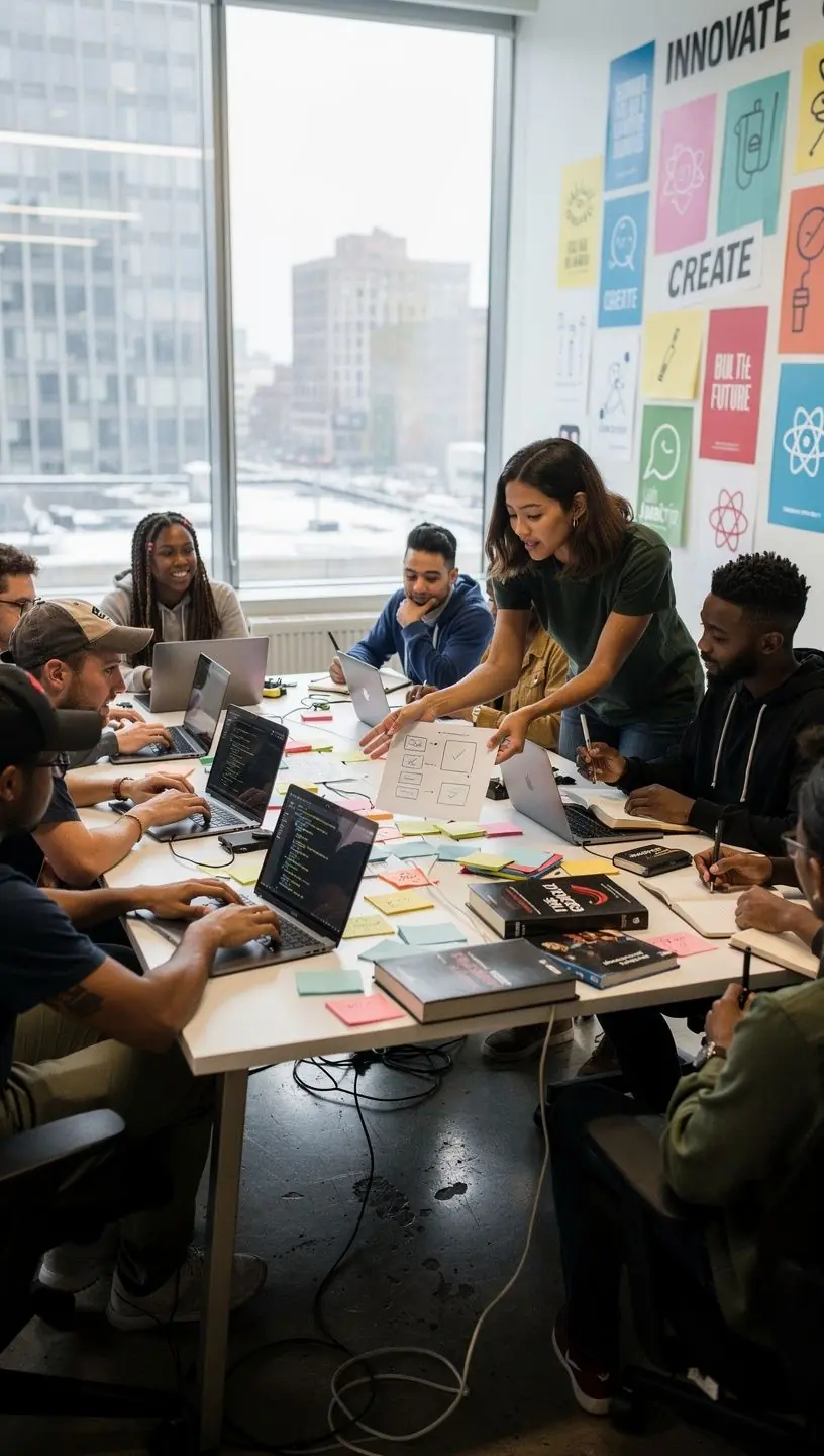 Programozási nyelv szimbólumok, mint a JavaScript és a React logó, színes háttér előtt.