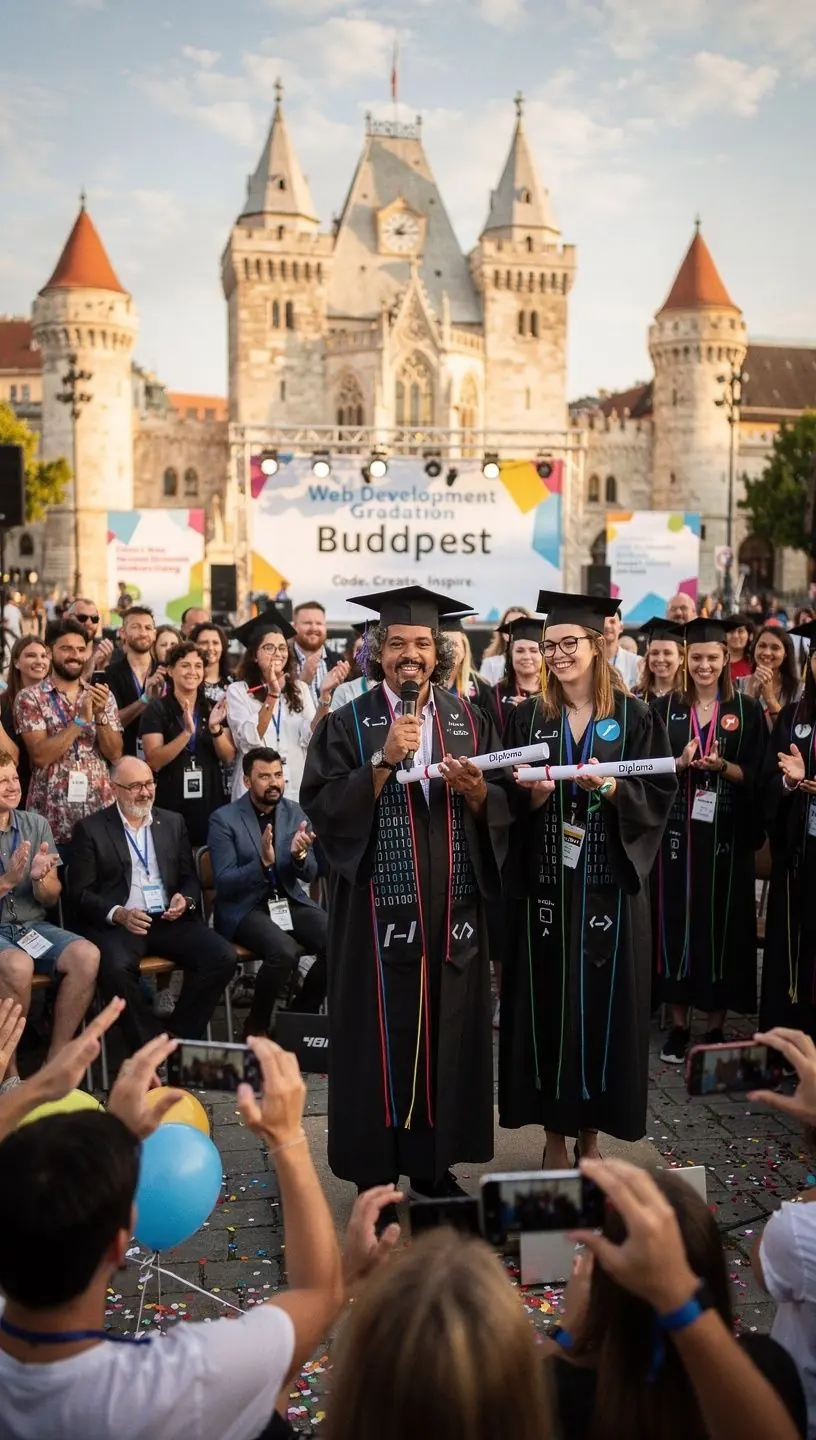 Egy fiatal programozó mosolyogva mutatja be a kész weboldalát a csoportnak.