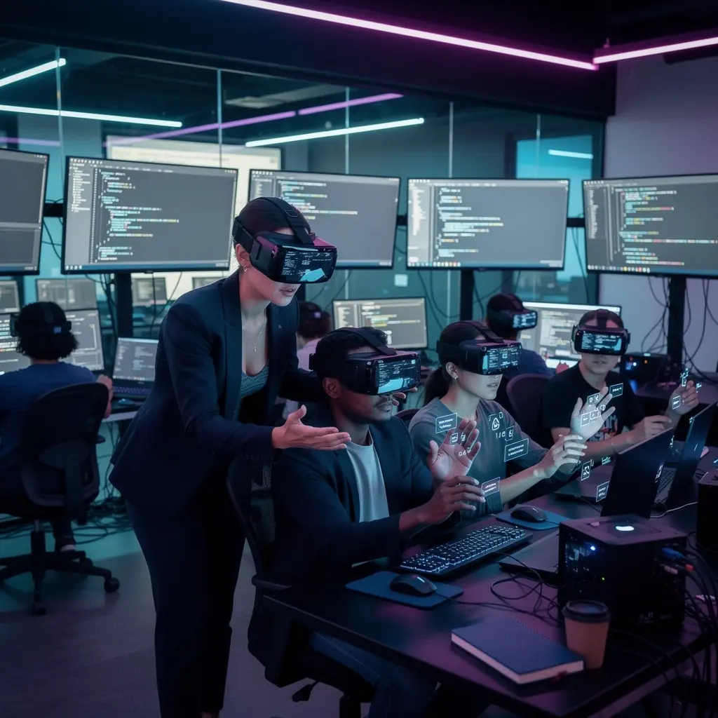 Diákok egyéni projekteken dolgoznak, miközben jegyzetelnek és kódot írnak.