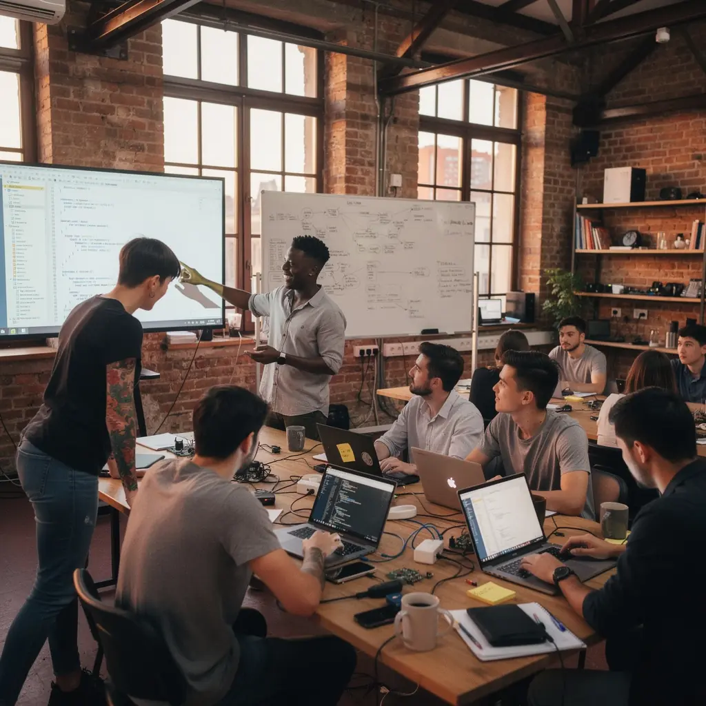 Webfejlesztő diákok csoportja, akik együtt dolgoznak egy projektet a számítógépeken.